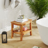 20-inch non-slip shower bench in solid teak with curved top and storage shelf, ideal for bathroom organization.