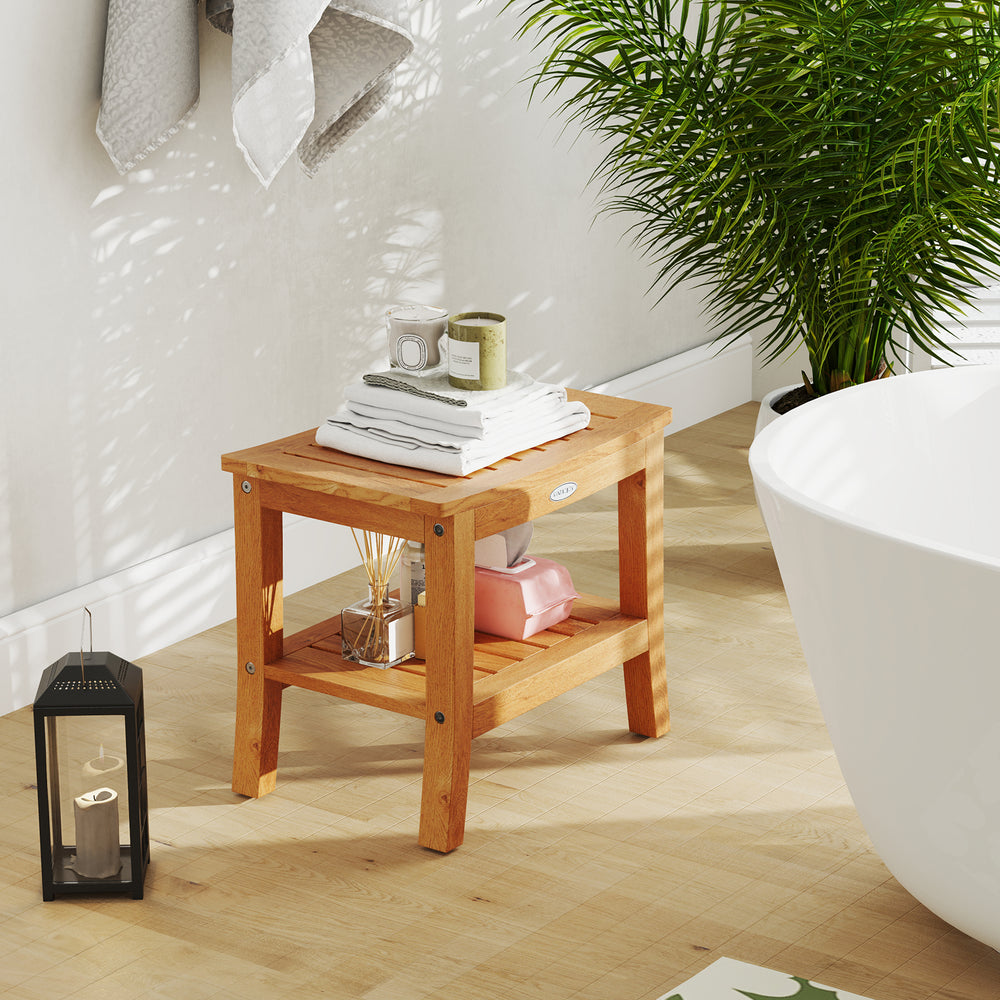 20-inch non-slip shower bench in solid teak with curved top and storage shelf, ideal for bathroom organization.