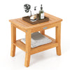 20-inch non-slip shower bench with curved top, solid teak construction, and storage shelf for towels and supplies.