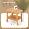 20-inch teak shower bench with curved top, featuring a storage shelf and slatted design for effective water drainage.