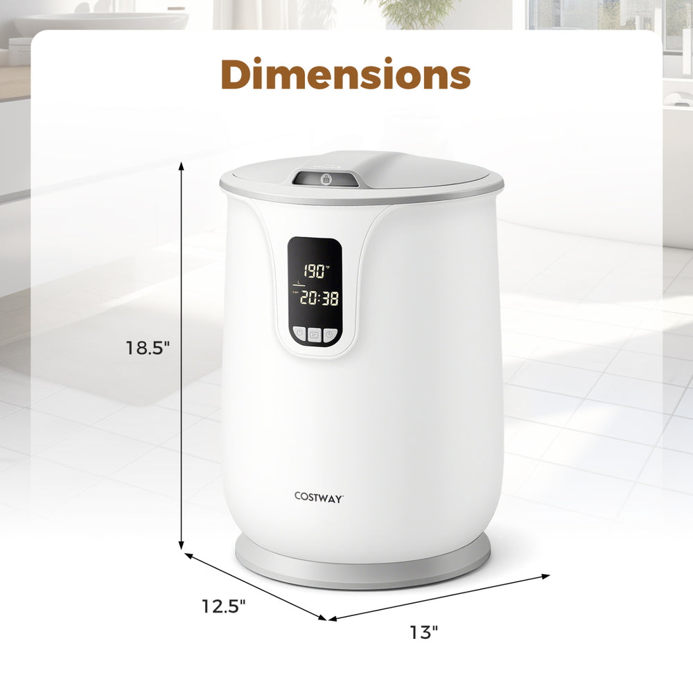 20 L large towel warmer in white with digital display, measuring 18.5" x 12.5" x 13", ideal for bathroom use.