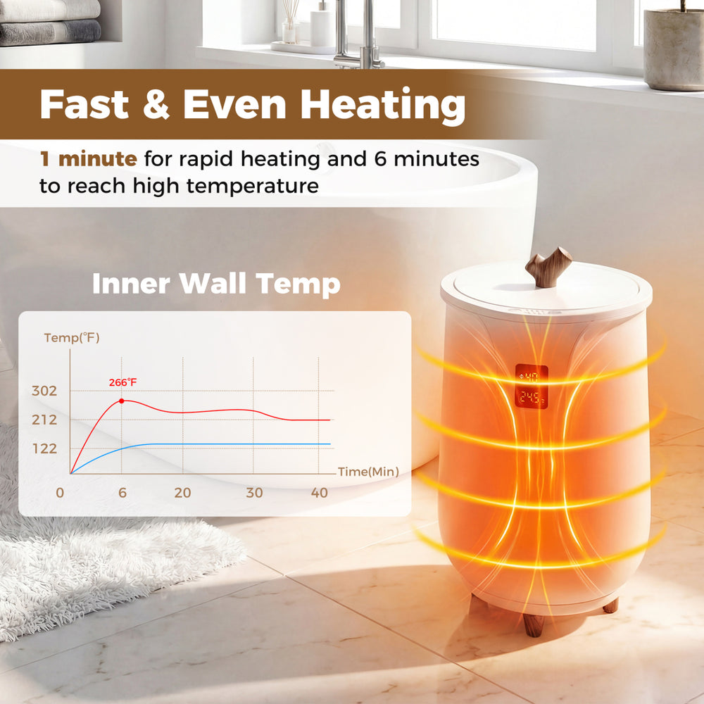 20 L towel warmer in white with rapid heating, 3 heat levels, and LCD display for personalized comfort in the bathroom.