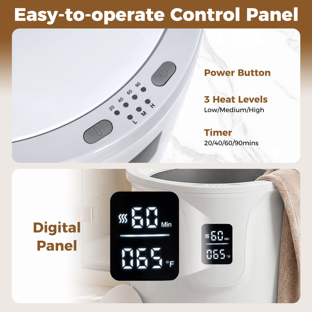 Control panel of the 20 L towel warmer showing heat levels and timer settings for personalized comfort.
