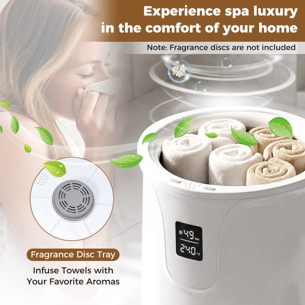 Large 20 L towel warmer in white with LCD display, holding towels for spa-like comfort at home.