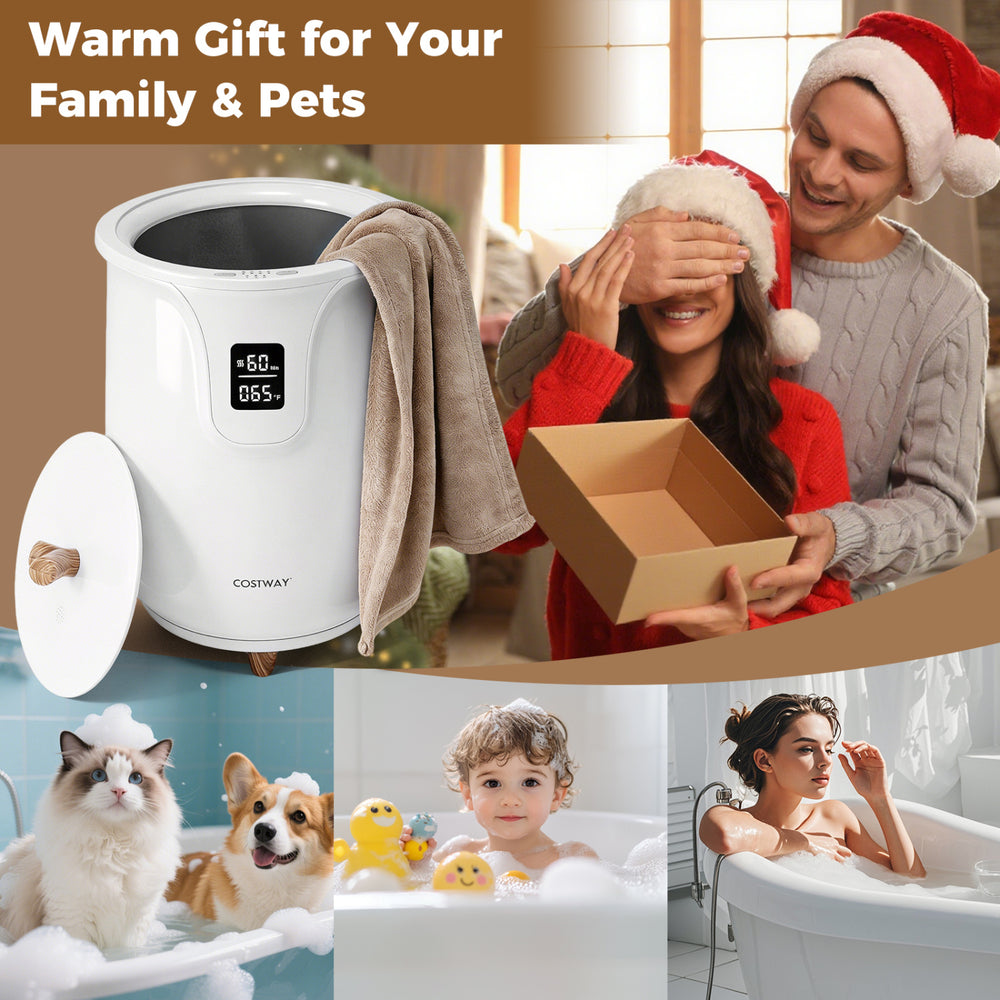 20 L white towel warmer with 3 heat levels, rapid heating, and fragrance disc tray for cozy bathroom comfort.