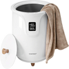 Large white towel warmer with a lid and towel, featuring an LCD display and three heat levels for personalized comfort.