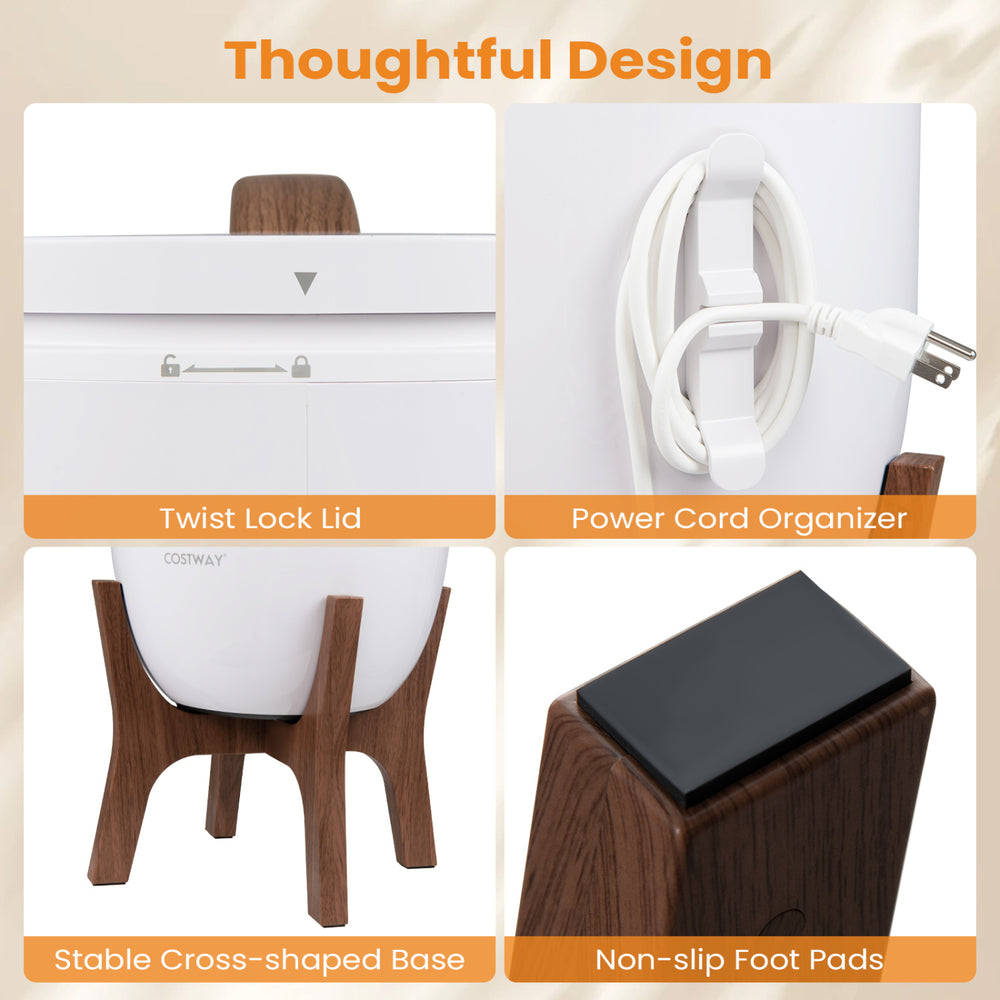 20 L towel warmer bucket with stand features a twist lock lid, power cord organizer, and stable cross-shaped base for safety.