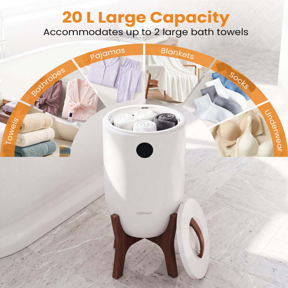 20 L towel warmer bucket with stand, designed for bathrobes and blankets, offers quick heating and secure closure.