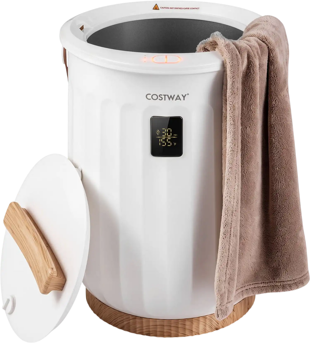 20 L towel warmer in white with LED display, timer, and child safety lock for cozy towels and bathrobes.