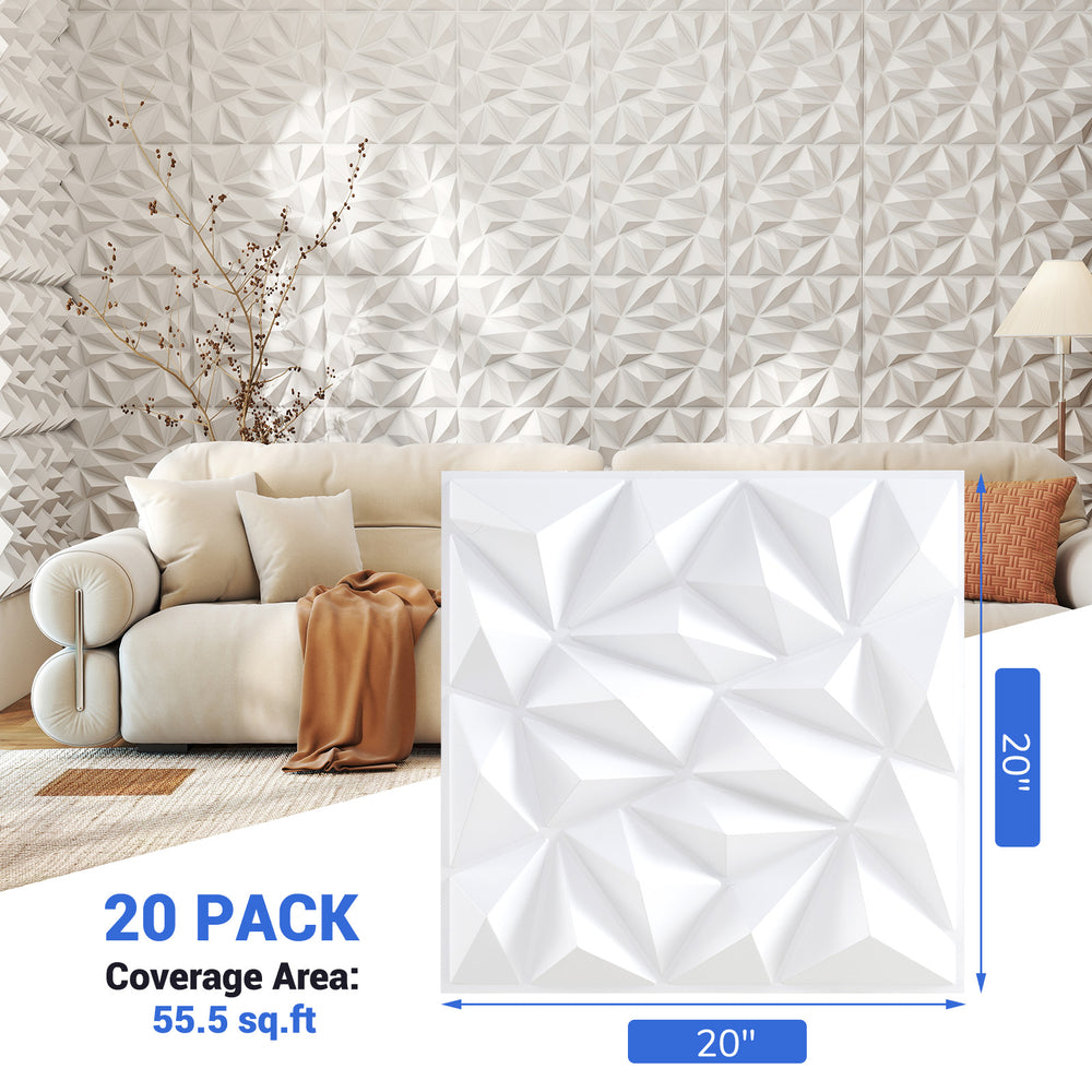 20-pack of white 3D wall panels with diamond patterns, made from PVC, covering 55.5 sq.ft. for versatile decoration.