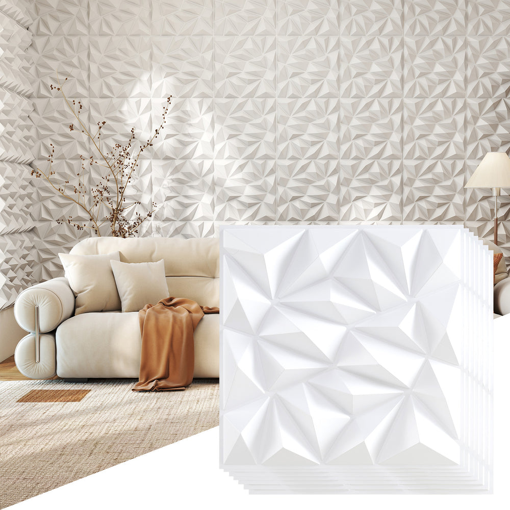Single white 3D wall panel with decorative diamond patterns, made from premium PVC, ideal for unique DIY wall designs.