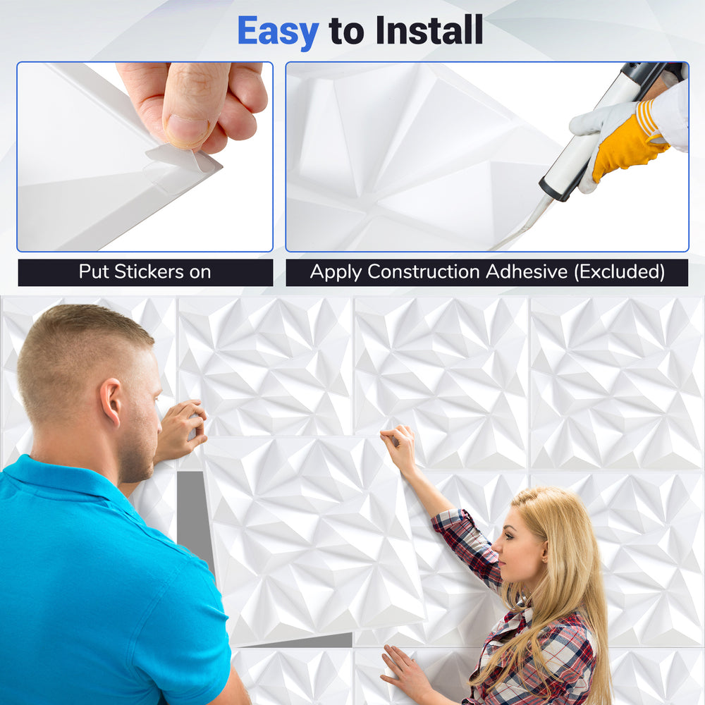 3D wall panels with decorative diamond patterns being installed, featuring lightweight PVC for easy maintenance and.