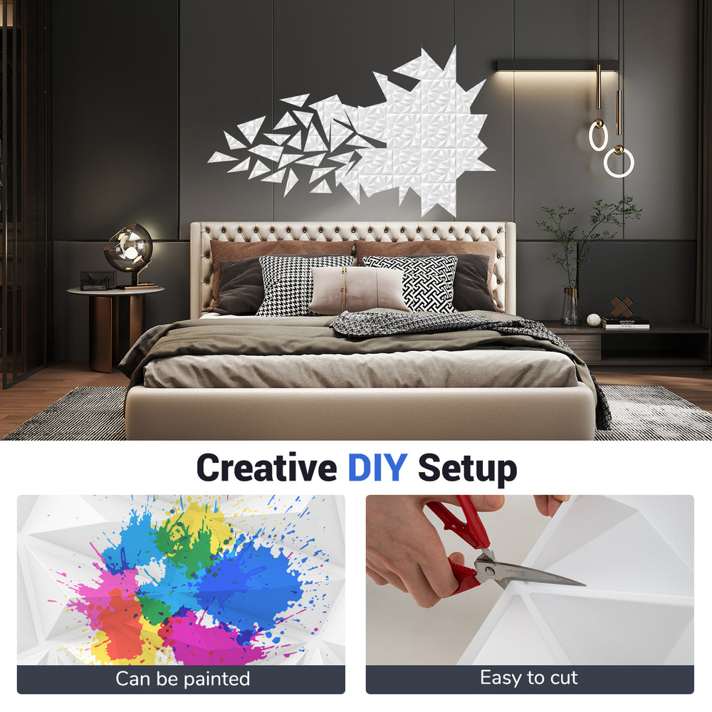 20-pack of white 3D wall panels with diamond patterns, easy to cut and paint for creative DIY home decor.
