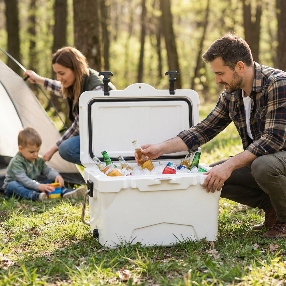 20 Quart Portable Hard Cooler with built-in ruler, shown open with drinks, ideal for camping and outdoor adventures.