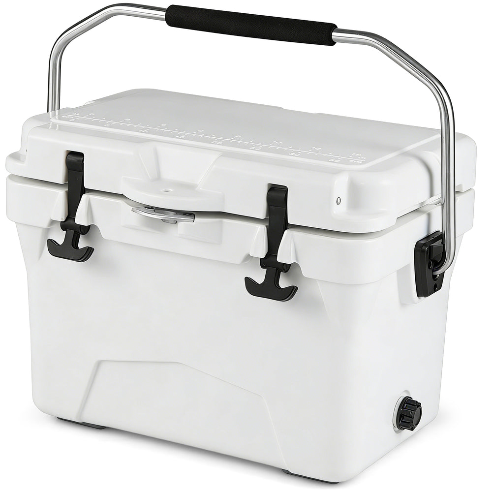 20 Quart Portable Hard Cooler in white with built-in ruler, dual latches, and sturdy handle for outdoor adventures.