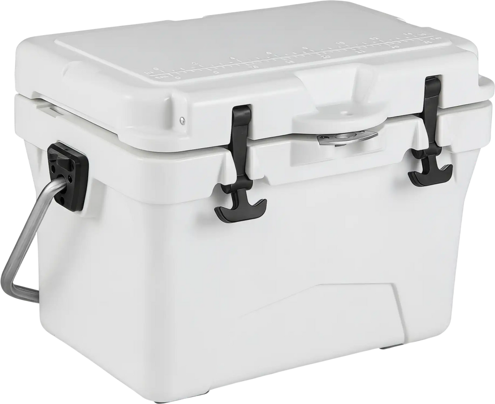 20 Quart Portable Hard Cooler in white with built-in ruler, bottle opener, and rugged design for outdoor adventures.