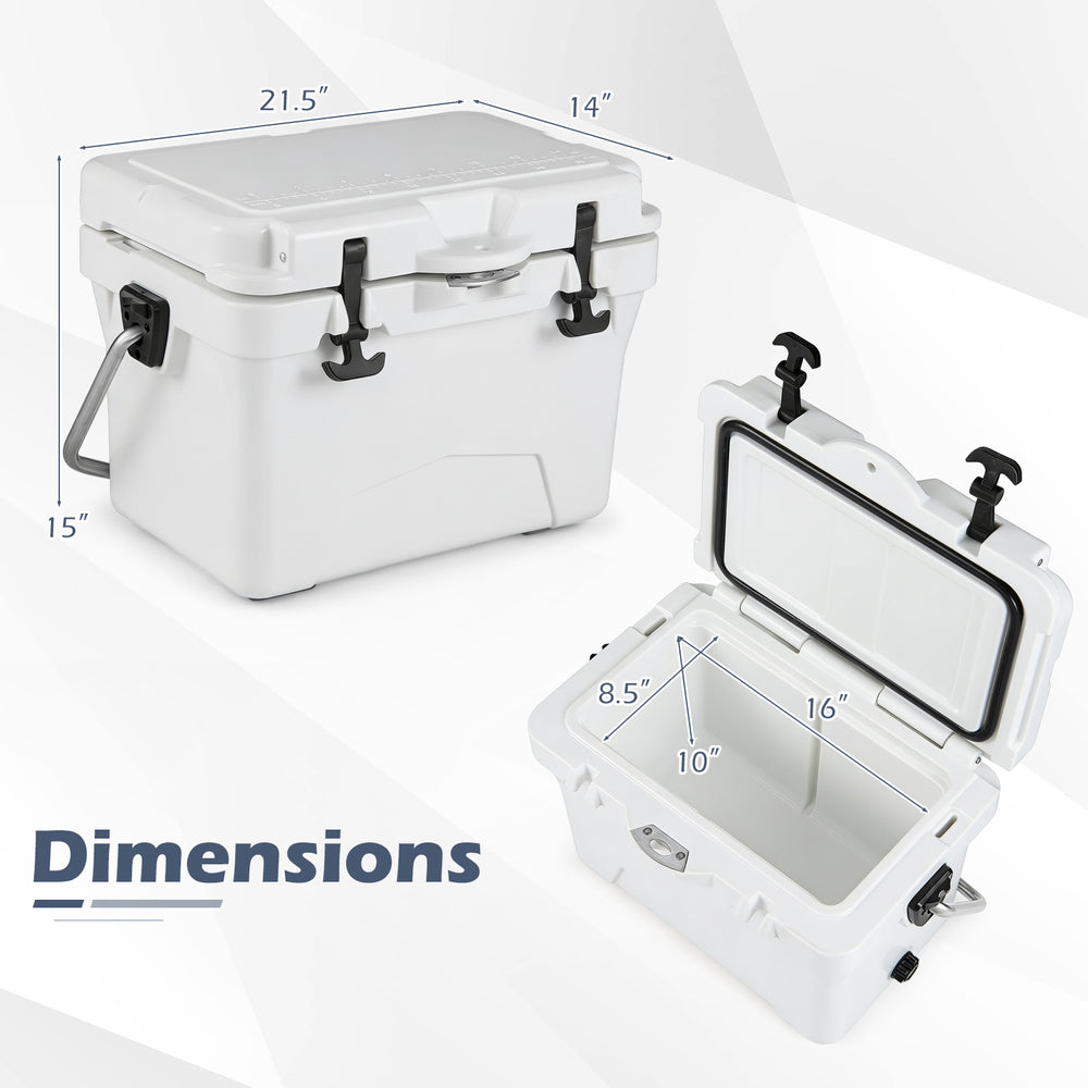 20 Quart Portable Hard Cooler in white with open lid, built-in ruler, and dual latches for outdoor adventures.