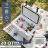 20 Quart portable hard cooler with drinks and ice, featuring a built-in ruler and bottle opener for outdoor adventures.