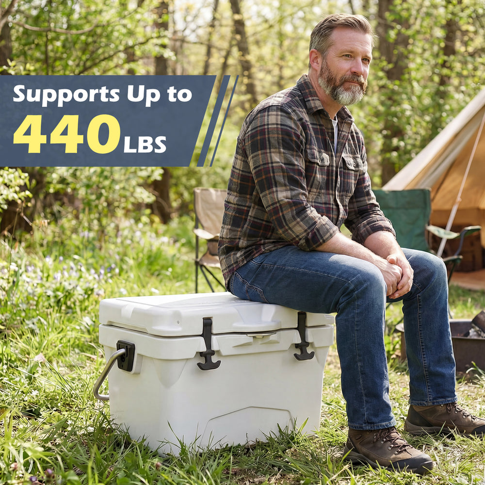 20 Quart Portable Hard Cooler with built-in ruler, supports 440 lbs, ideal for outdoor adventures and fishing trips.