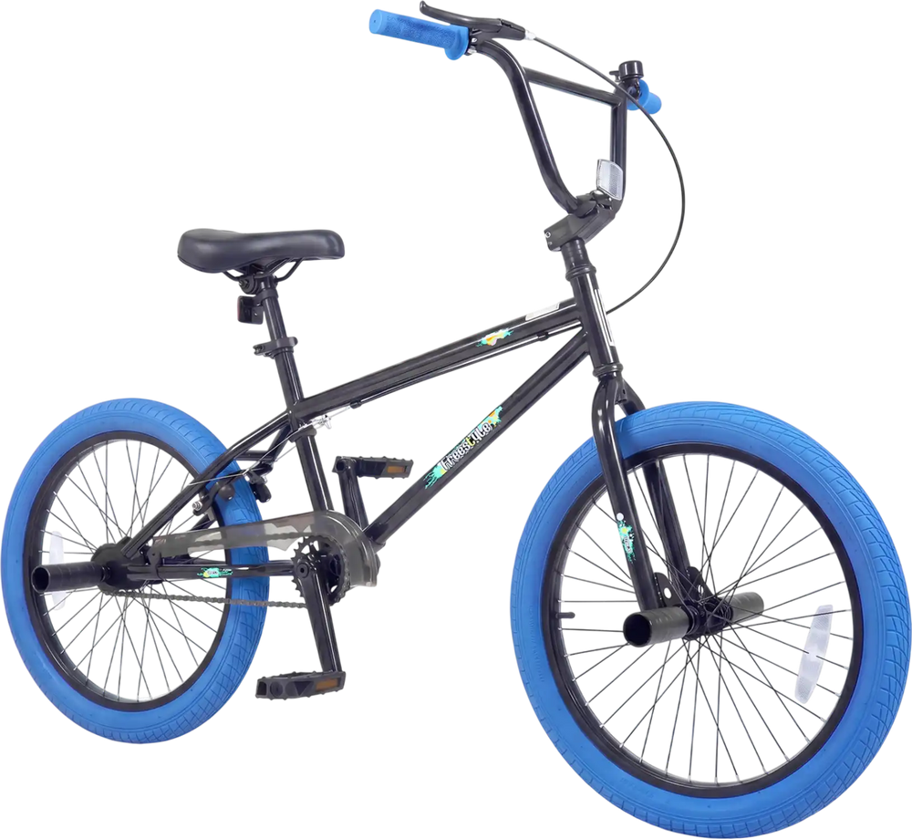 20" trick bicycle with 360° steering, adjustable seat, and blue tires, perfect for kids and teens' freestyle riding.