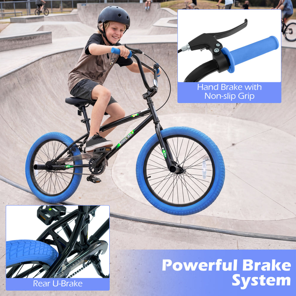 20" trick bicycle with 360° steering, adjustable seat, and puncture-proof tires for kids and teens, shown in action.