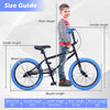Size guide for the 20" trick bicycle, detailing wheel size, saddle height, rider height, and bicycle length for kids.