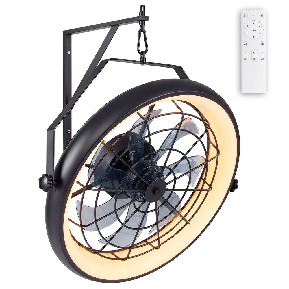 20” black wall-mounted fan with dimmable LED light, 6 speeds, and adjustable angle for efficient airflow and comfort.