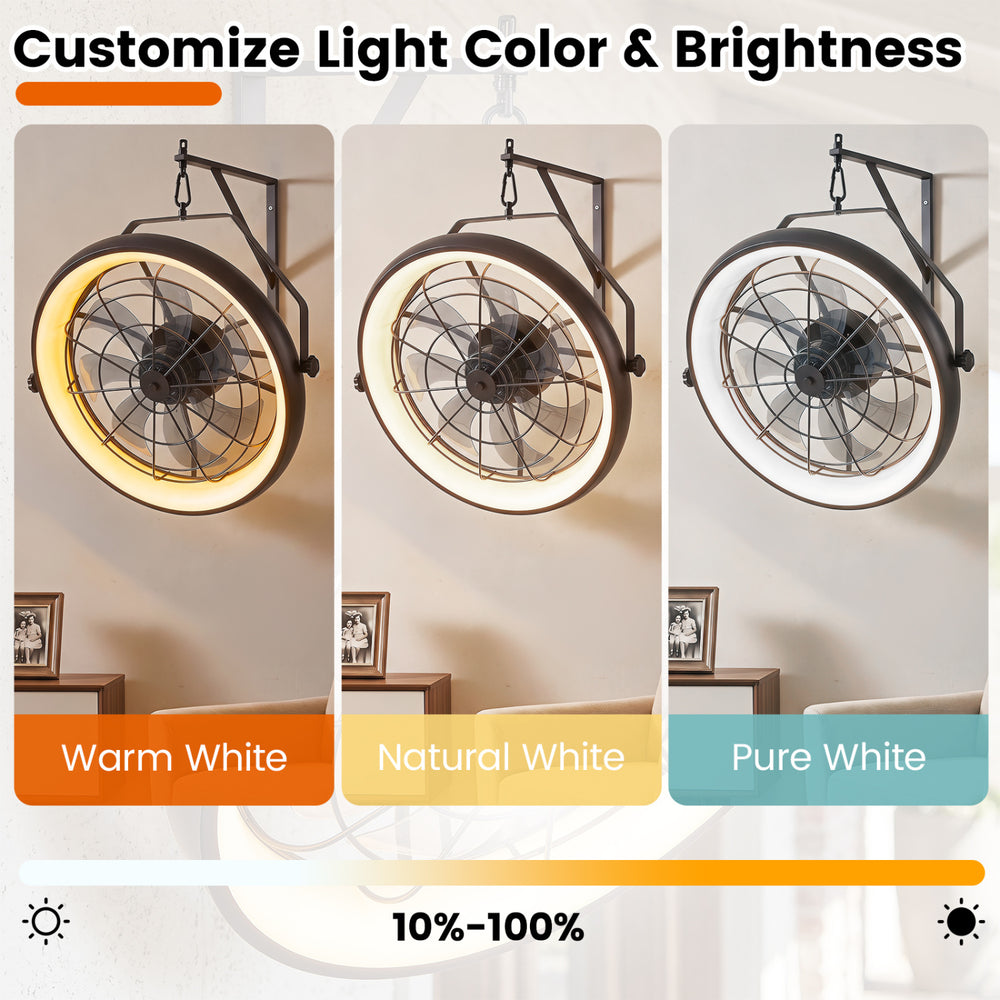 20” wall mounted fan in black with dimmable LED light, featuring 6 wind speeds and adjustable angle for optimal airflow.
