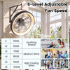 20” wall mounted fan in black features dimmable LED light and 6 adjustable wind speeds for versatile airflow.
