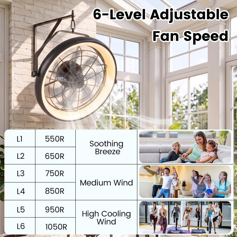 20” wall mounted fan in black features dimmable LED light and 6 adjustable wind speeds for versatile airflow.