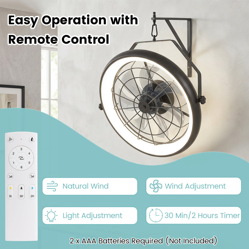20” wall mounted fan in black features a dimmable LED light, 6 wind speeds, and remote control for easy operation.