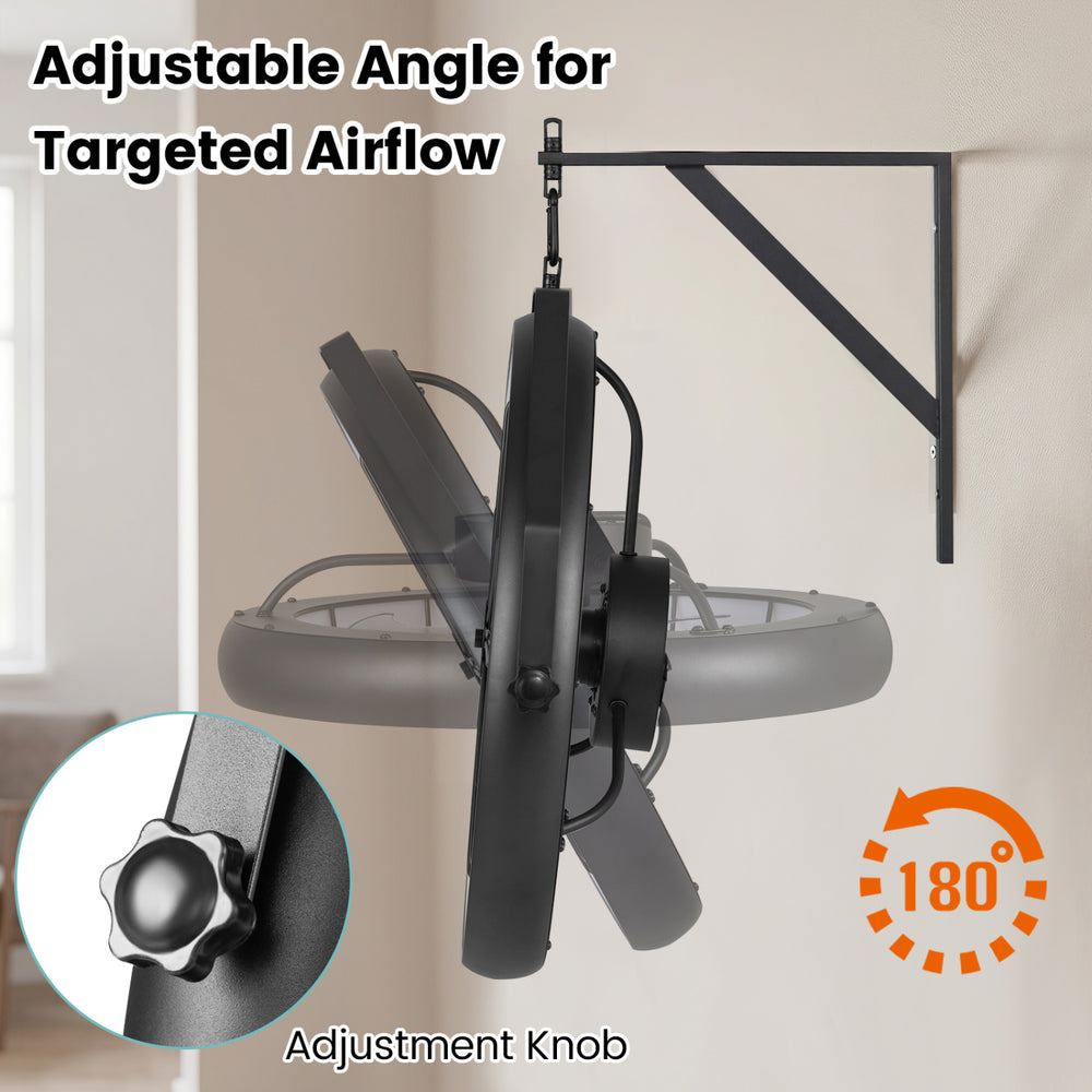 20” wall mounted fan in black features a 180° adjustable angle, 6 wind speeds, and a dimmable LED light for versatile comfort.