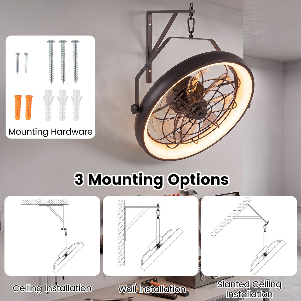 20” black wall mounted fan features dimmable LED light, 6 speeds, and three mounting options for versatile installation.