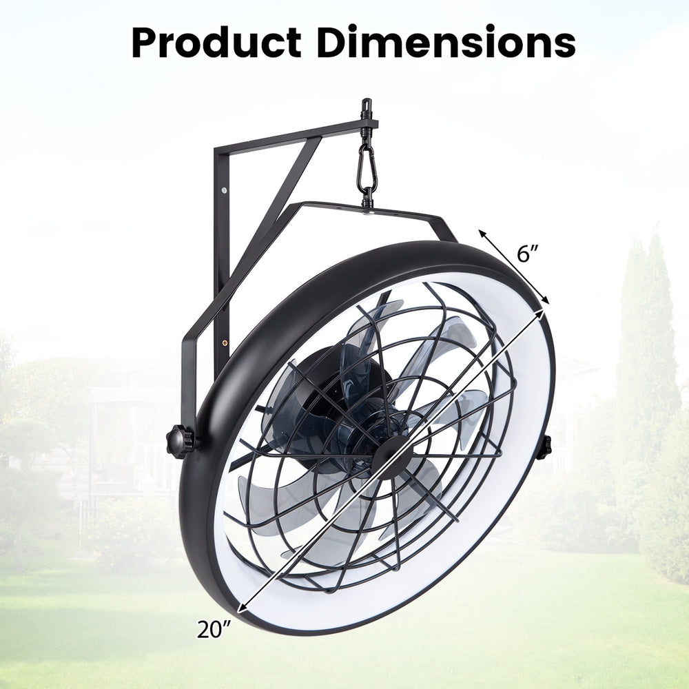 20” black wall-mounted fan with dimmable LED light, showcasing adjustable angle and 6 wind speeds for versatile airflow.