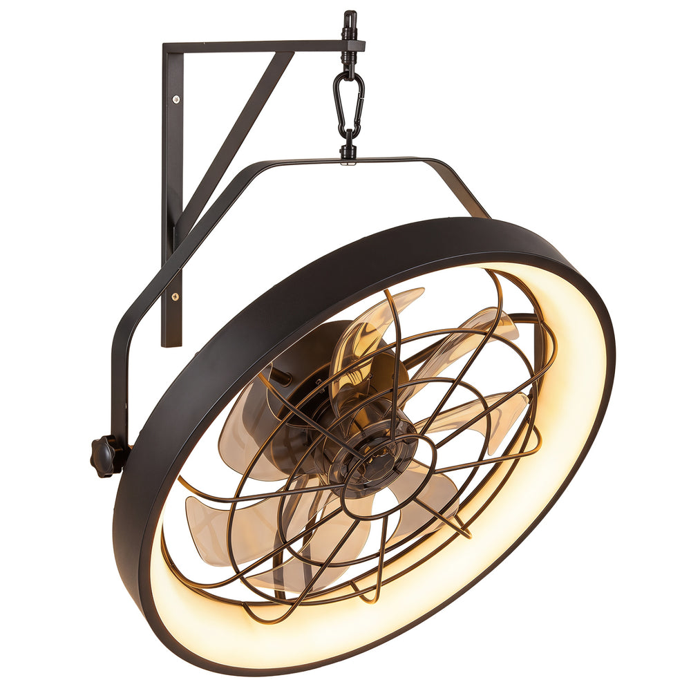 Wall mounted 20” fan in black with dimmable LED light, featuring 6 speeds and 180° adjustable angle for optimal airflow.
