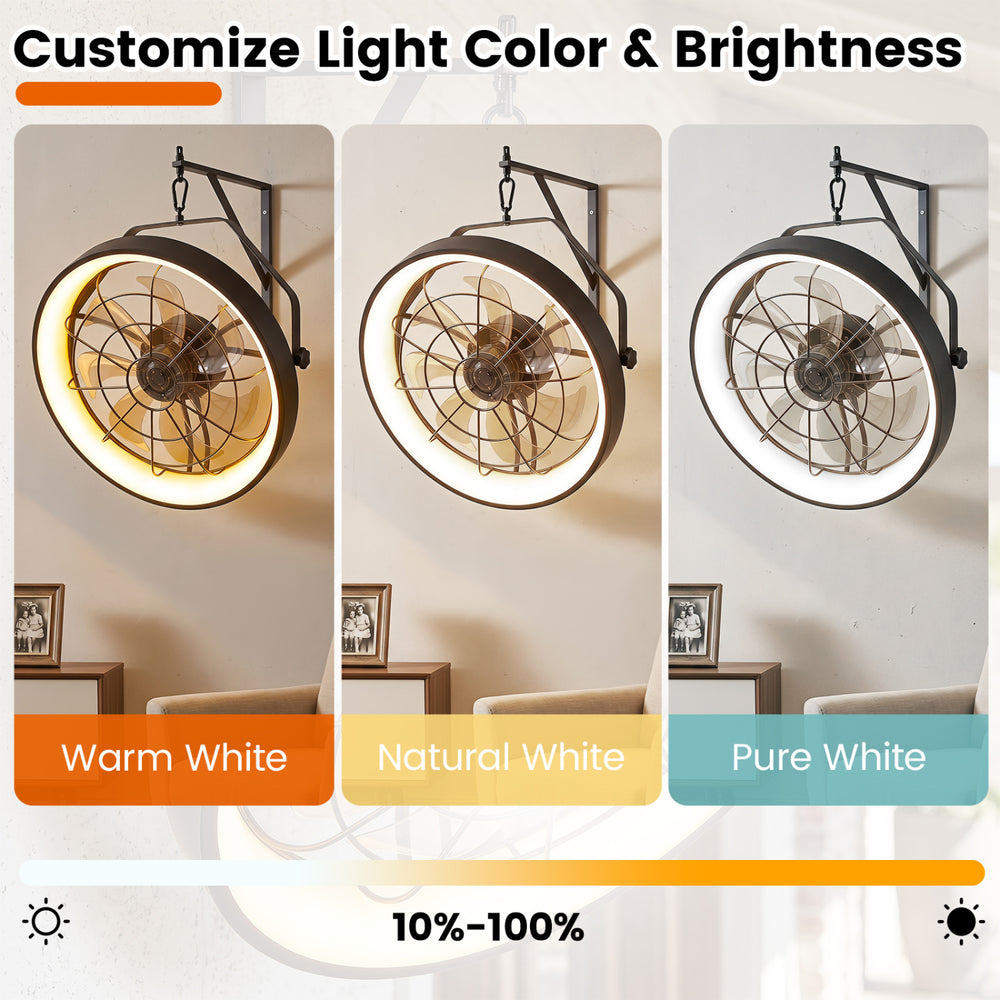 20” wall mounted fan with 3CCT dimmable LED light, adjustable angle, and remote control for versatile airflow and lighting.