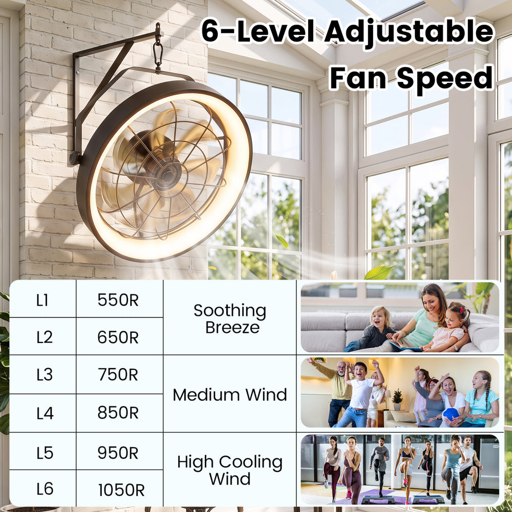20” wall mounted fan in black features 6-speed settings, adjustable angle, and integrated dimmable LED light for versatile comfort.
