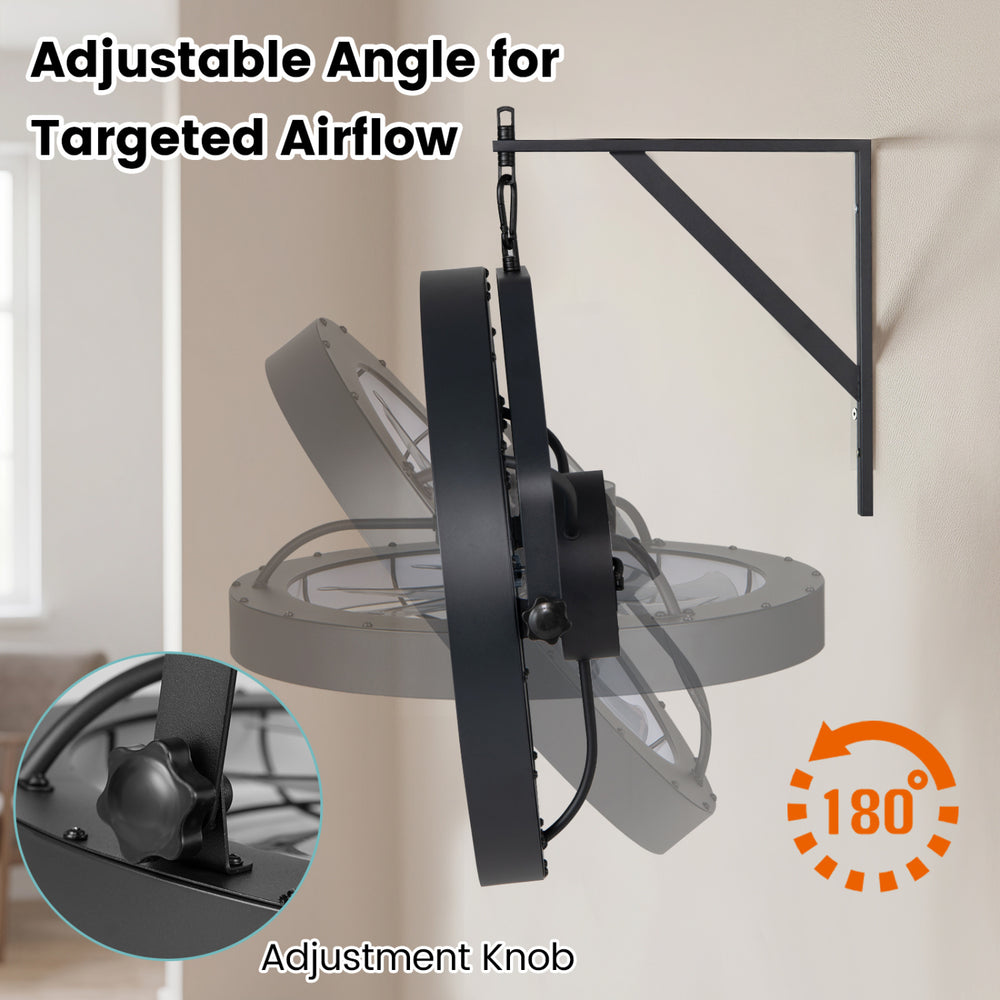 20” wall mounted fan in black with adjustable 180° angle, remote control, and dimmable LED light for versatile airflow.