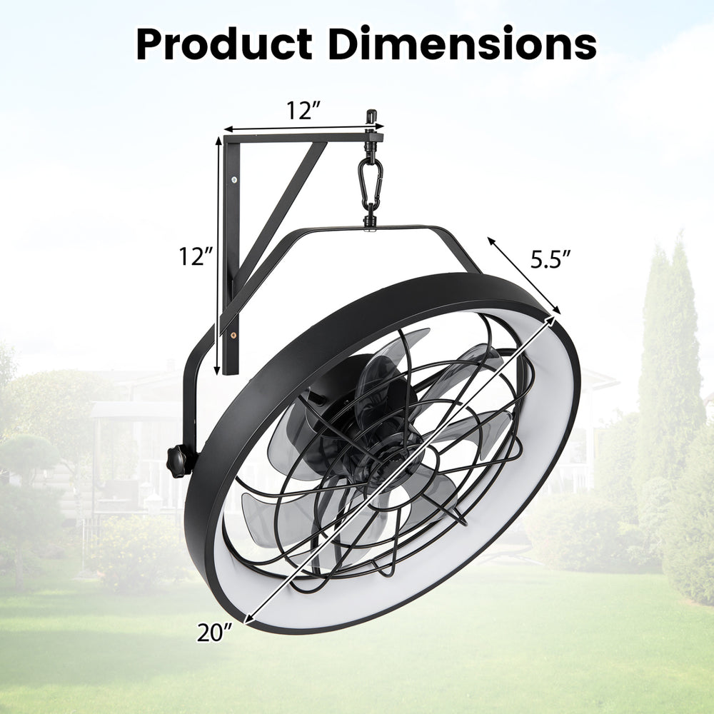 20” wall mounted fan in black with adjustable angle, 3CCT dimmable LED light, and timer for versatile airflow options.