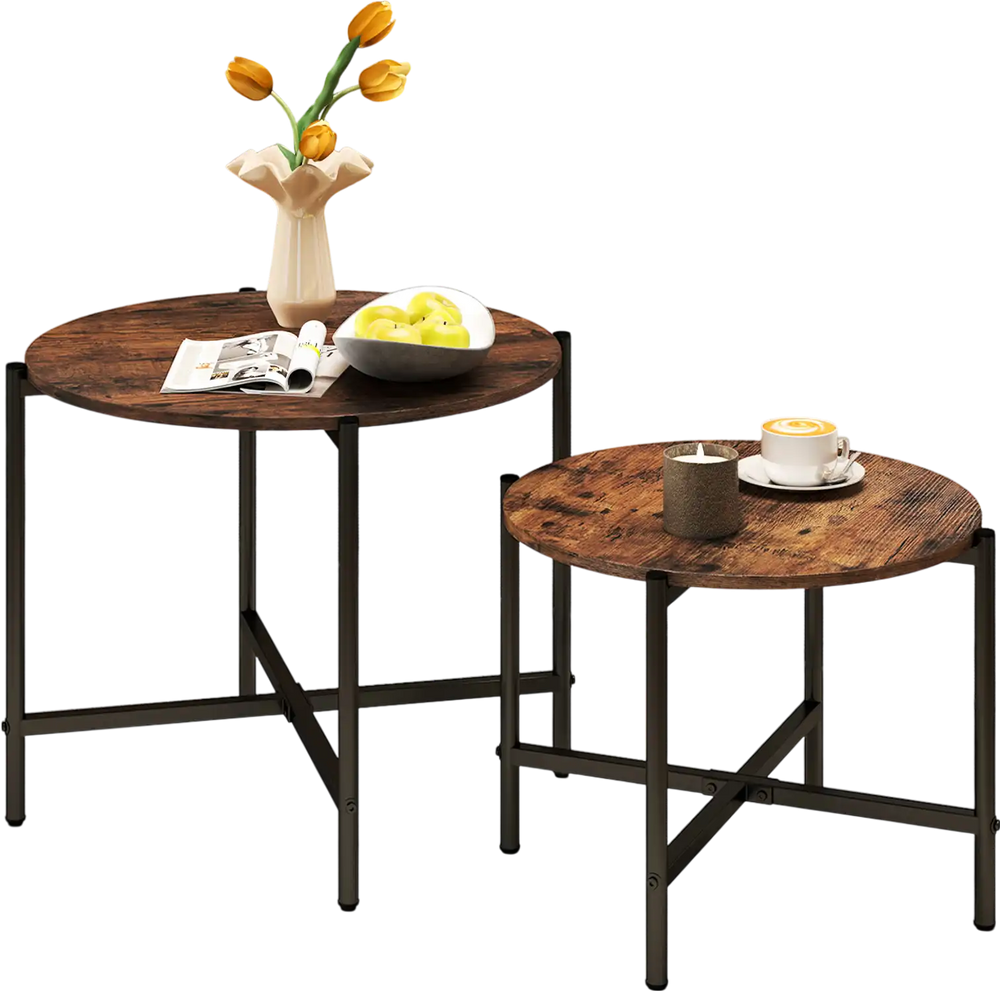 Rustic brown round coffee table set of 2 with heavy-duty metal frame, designed for nesting and space-saving in any room.