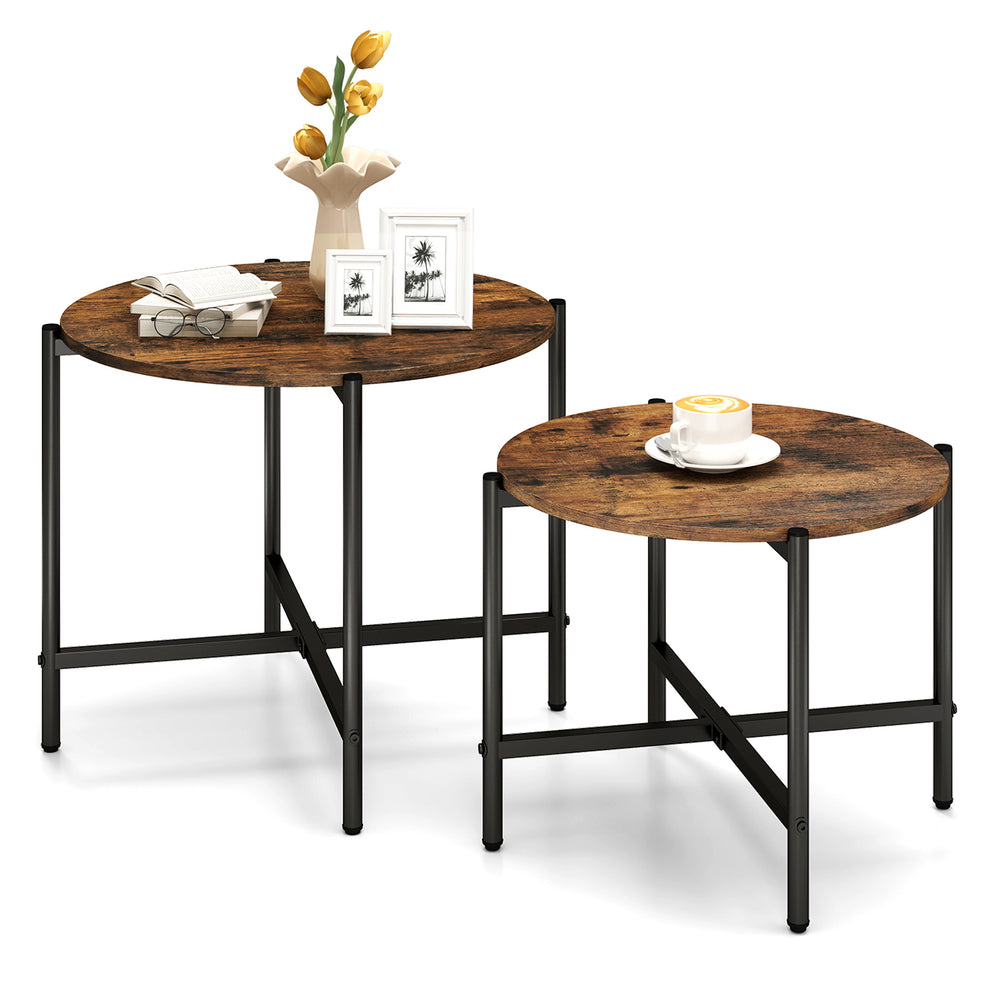 Round coffee table set of 2 in rustic brown with heavy-duty metal frame, perfect for living room or balcony use.