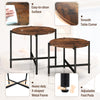 Rustic brown round coffee table with a heavy-duty metal frame, featuring adjustable foot pads for added stability.