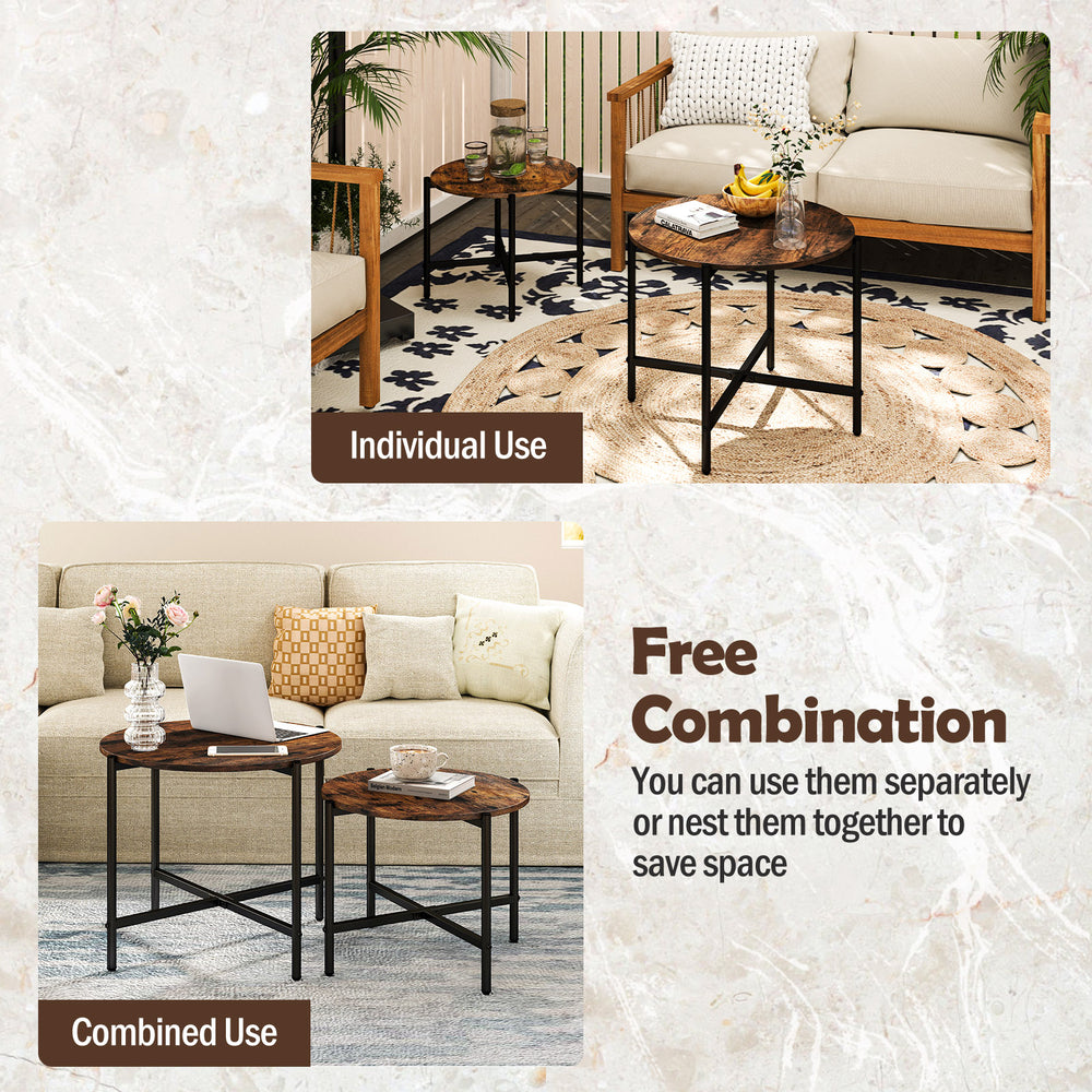 Round coffee table set of 2 in rustic brown with heavy-duty metal frame, perfect for versatile use in living spaces.