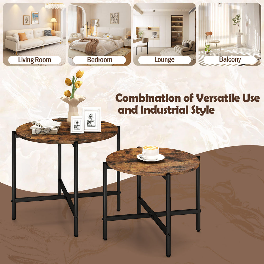 Round coffee table set of 2 in rustic brown with heavy-duty metal frame, perfect for versatile use in any room.