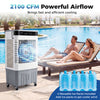 2100 CFM evaporative air cooler with 5.3-gallon tank, featuring ice packs, remote control, and wide oscillation for efficient cooling.