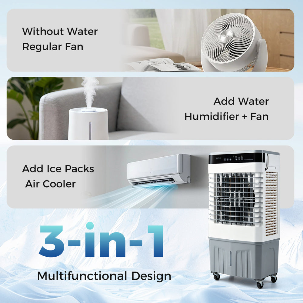 2100 CFM 3-in-1 evaporative air cooler with 5.3-gallon tank, featuring ice pack capability for enhanced cooling.