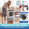 Portable 2100 CFM evaporative air cooler with 5.3 Gal tank, featuring wheels and handles for easy indoor and outdoor use.