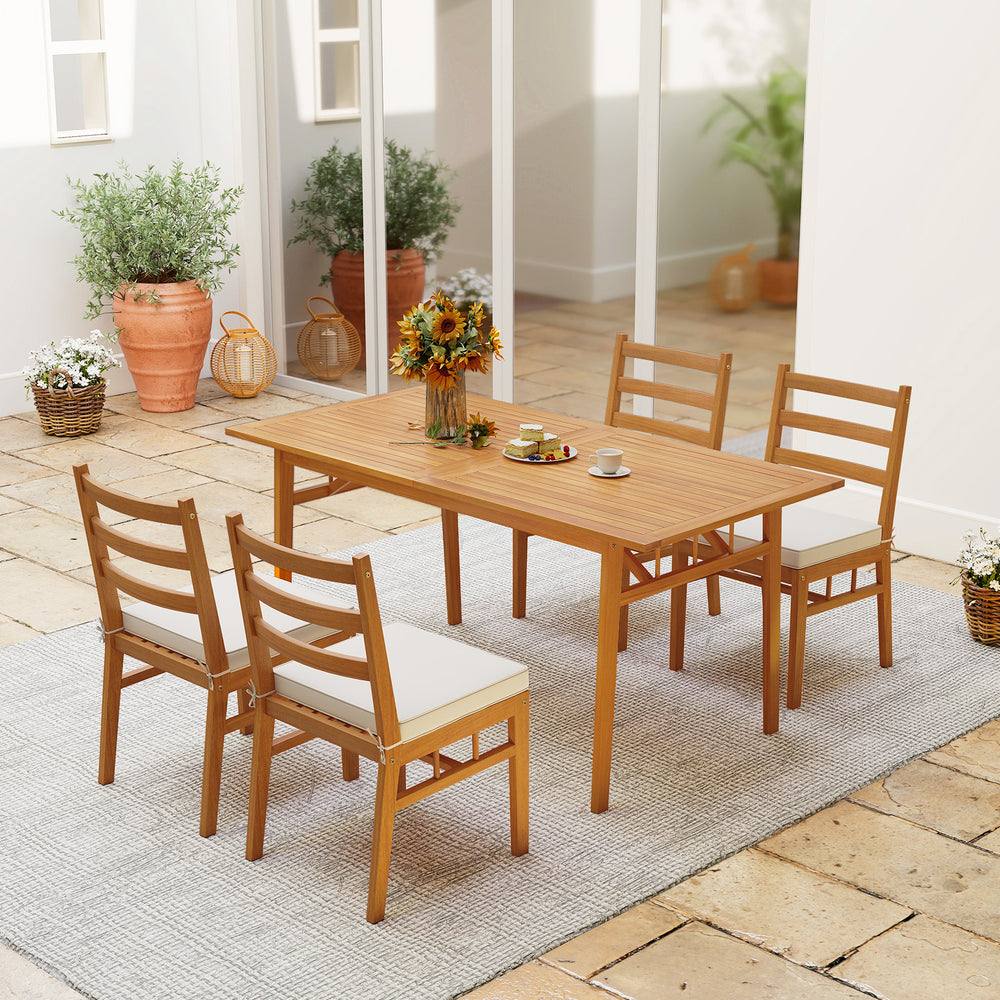 Outdoor wooden dining chair set of 4 with padded seat cushions, featuring natural acacia wood, ideal for outdoor dining.