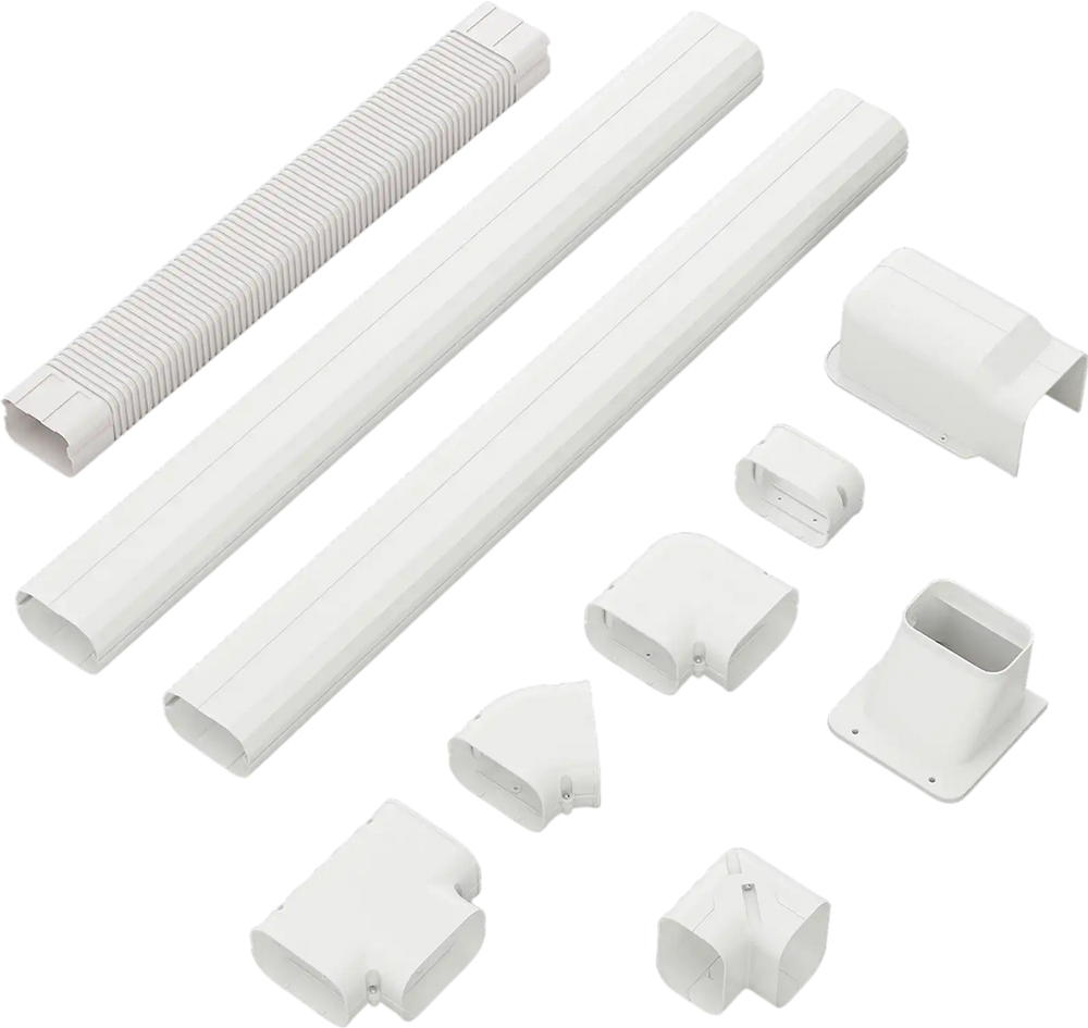 Mini decorative PVC slim line cover kit with straight ducts and fittings for organizing pipes and cables in air.