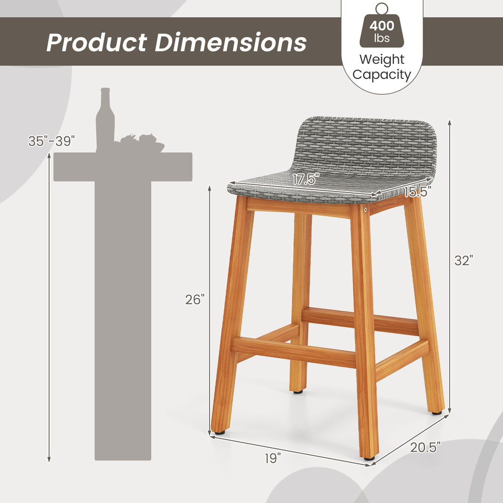 Acacia wood bar stool with gray PE rattan seat, ergonomic backrest, and footrest, ideal for porch or balcony use.